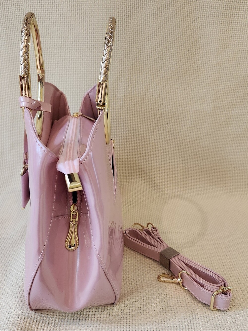 Pink Patent Leather Satchel Gold Ring Top Handle Crossbody Bag Structured Purse - Picture 7 of 16